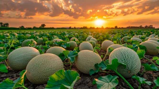 Ein Feld voller reifer Cantaloupe-Melonen im Sonnenuntergang