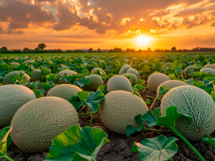 Ein Feld voller reifer Cantaloupe-Melonen im Sonnenuntergang