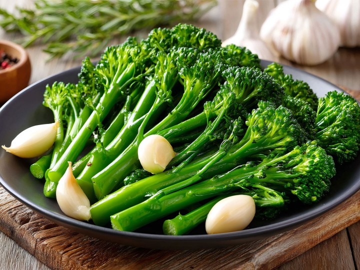 Gedämpfter Broccolini mit Knoblauch auf einem Teller