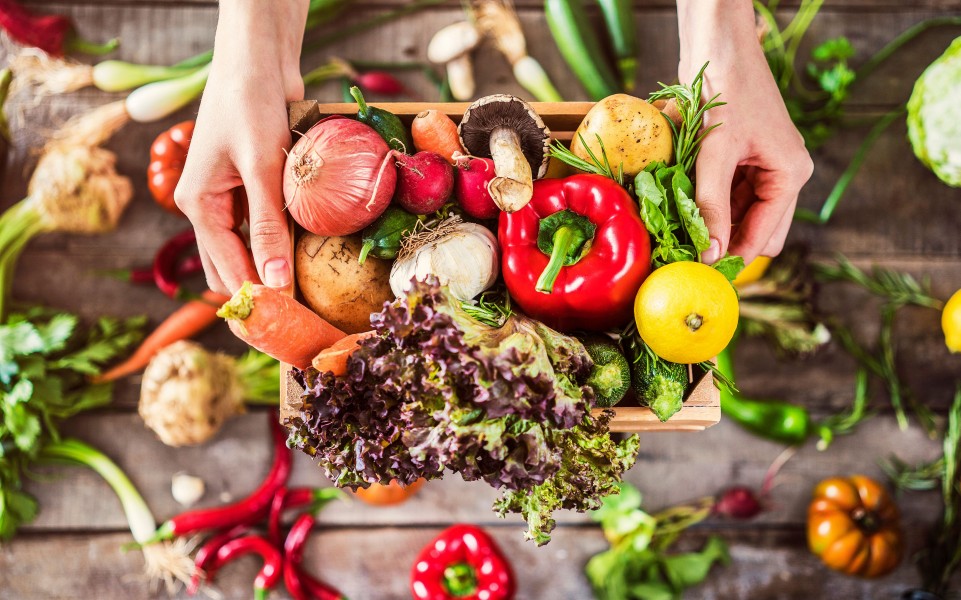 Organic vegetables healthy nutrition concept on wooden backgroun