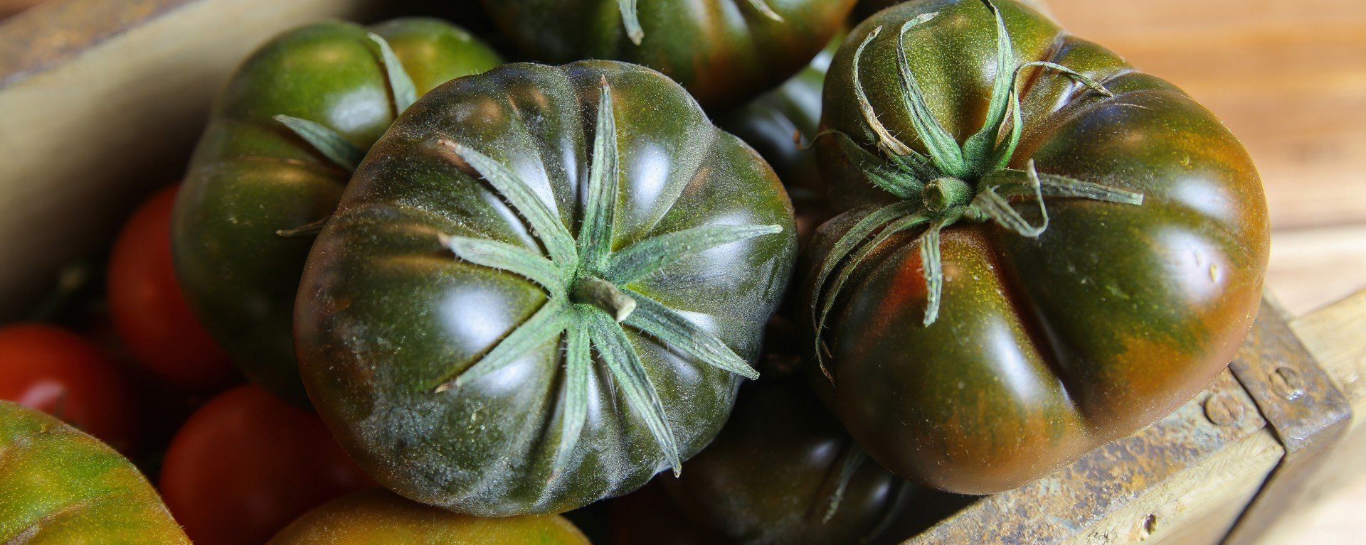 Closeup of isolated group dark black beef cabomar tomatoes in rustic wood box, brown wooden planks background