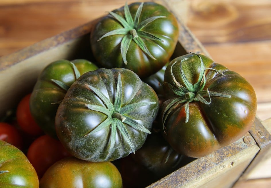 Closeup of isolated group dark black beef cabomar tomatoes in rustic wood box, brown wooden planks background