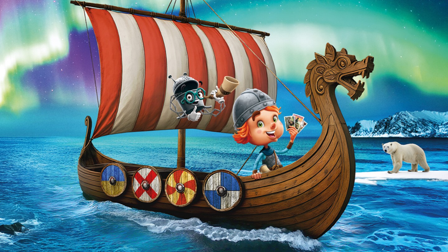 Oskar und Bo auf einem Wikingerschiff. 