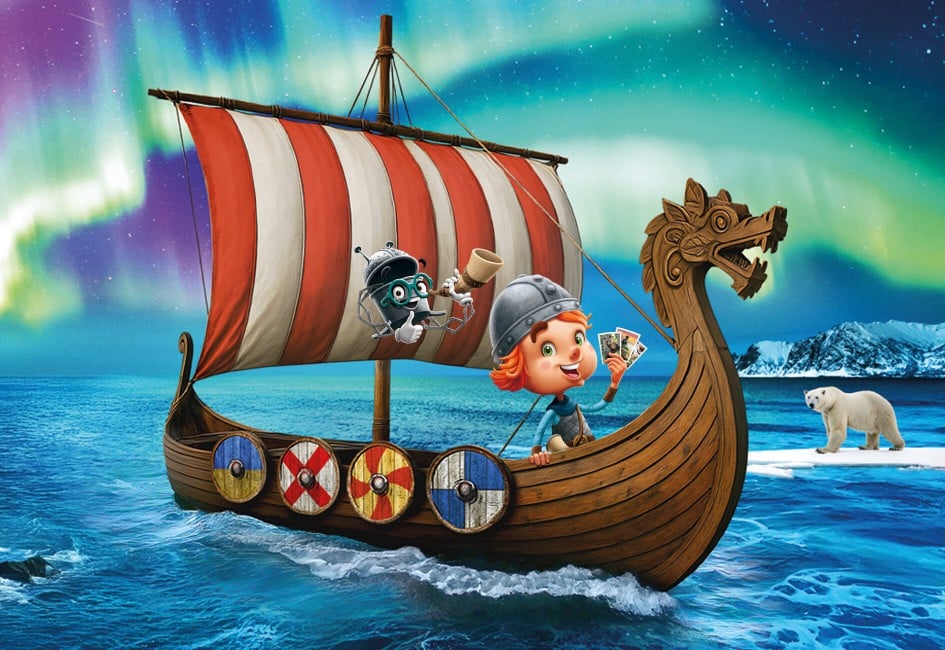 Oskar und Bo auf einem Wikingerschiff. 