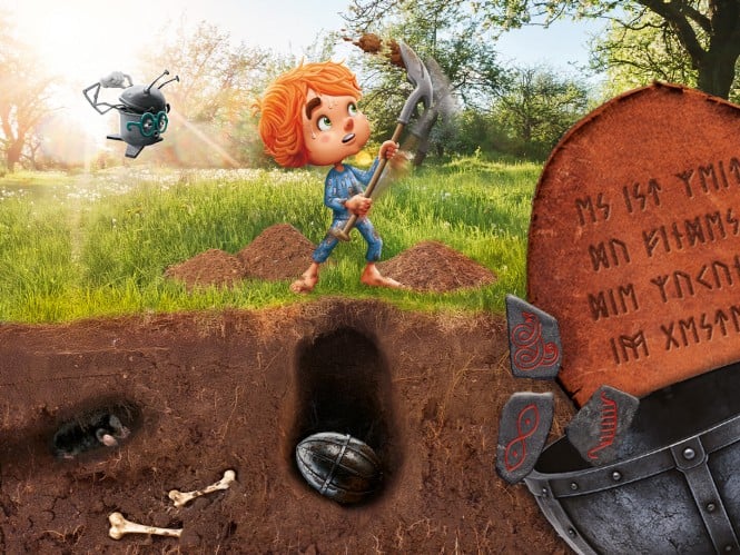 Oskar und Bo graben das leuchtende Amulett aus. 