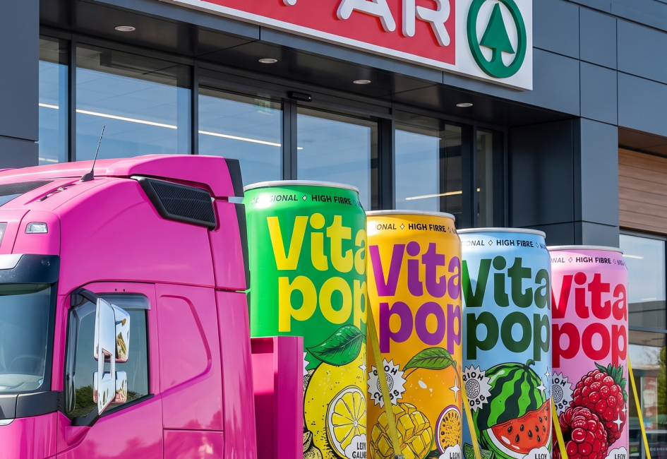 Lkw mit Vitapop Dosen geladen vor einem SPAR-Markt