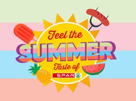 SPAR Summer Feelings - Feel the Taste of SPAR Logo; Eine Sonne auf buntem Hintergrund mit Schriftzug und sommerlichen Grafiken