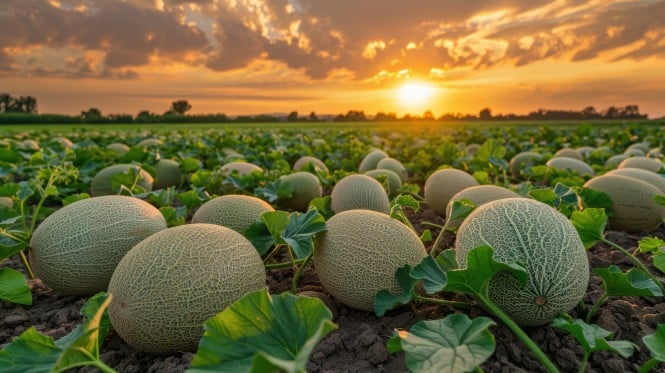 Cantaloupe Feld im Sonnenuntergang
